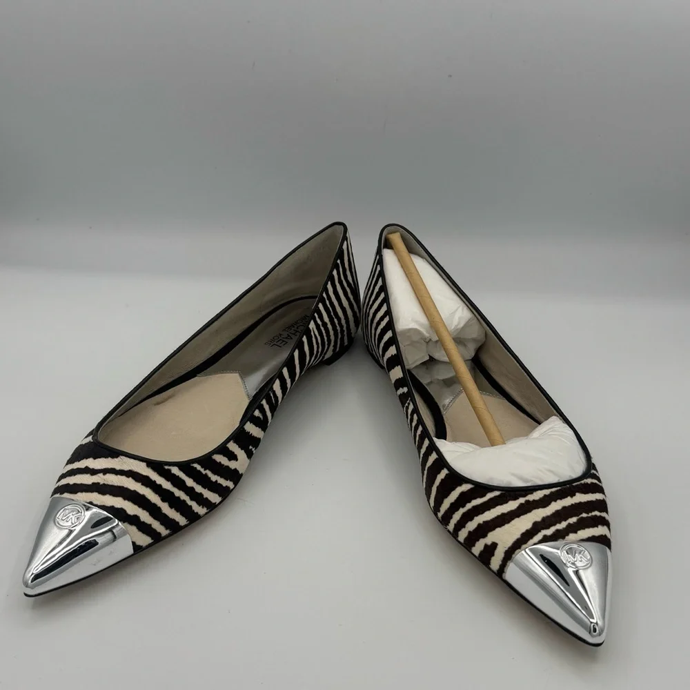 Michael Kors Paxton Leather Calf Hair Zebra Flats with Silver Tone Accents NIB - Picture 6 of 11